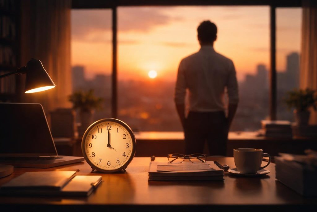 employe-bureau-coucher-soleil-horloge