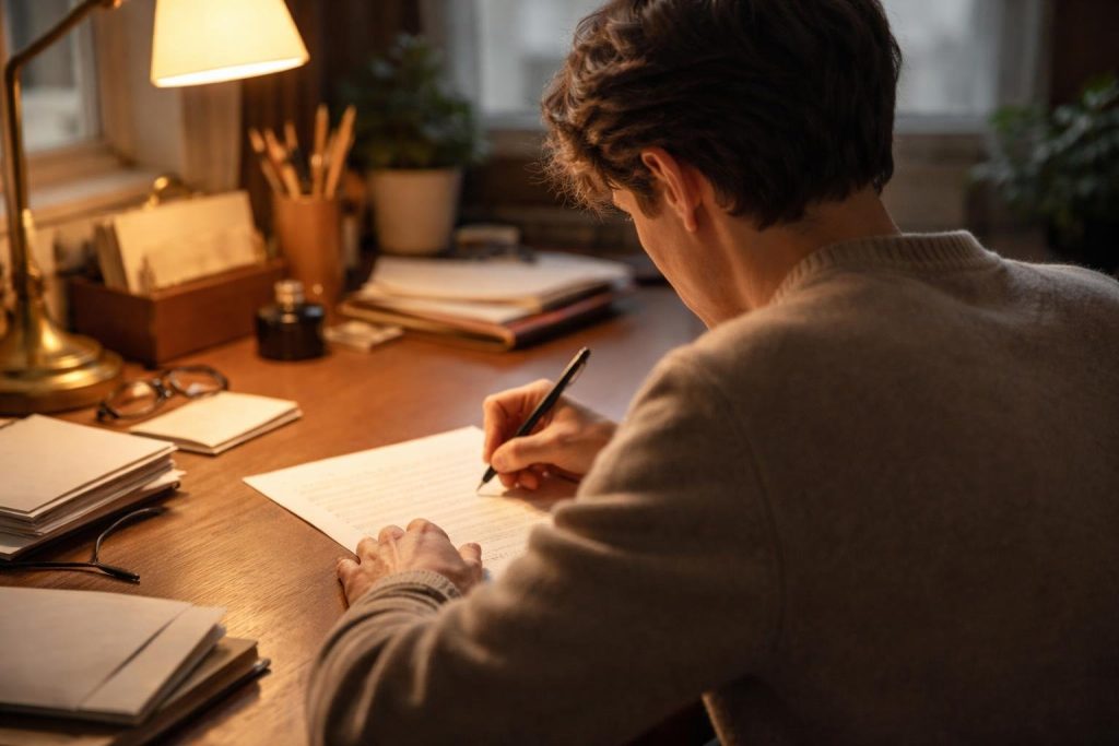 personne-ecrit-lettre-bureau-éclairé