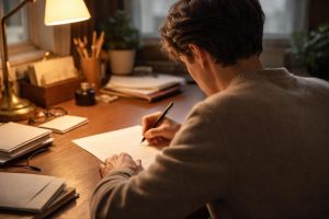 personne-ecrit-lettre-bureau-éclairé