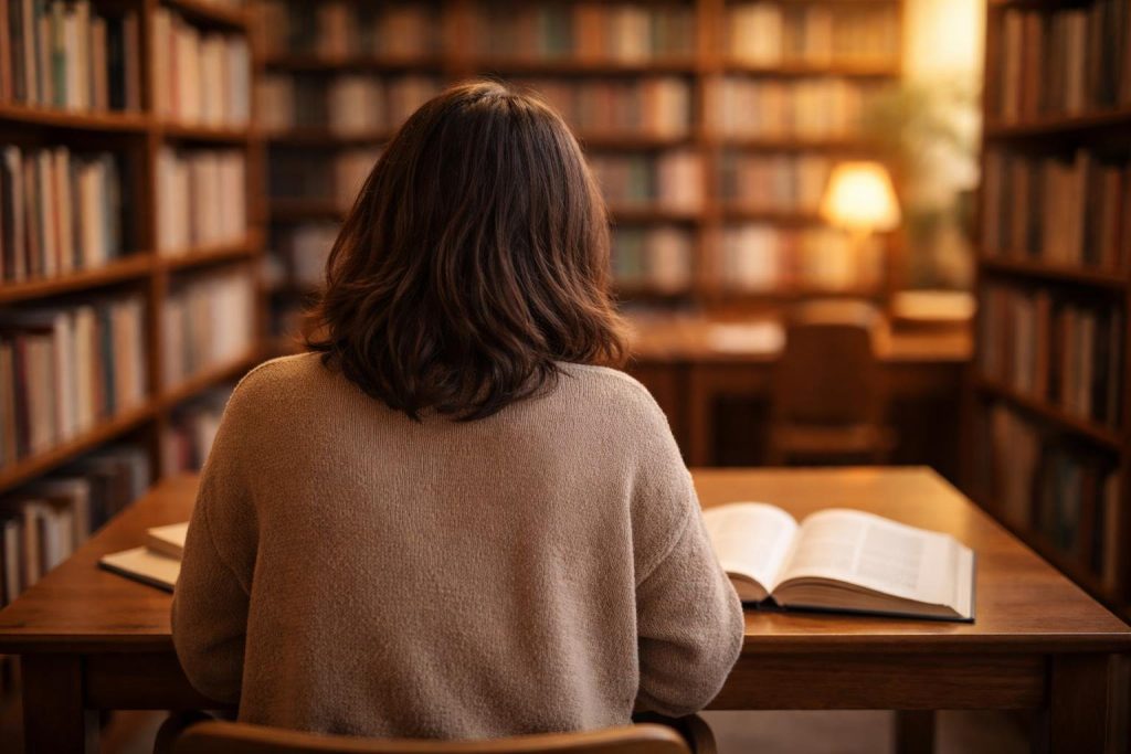 personne-assise-table-livres-bibliotheque